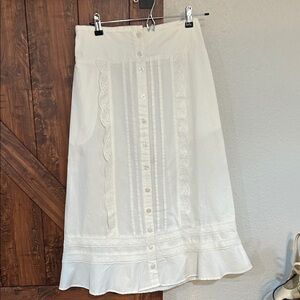 White Button-Front Lace Detail Midi Skirt,super soft